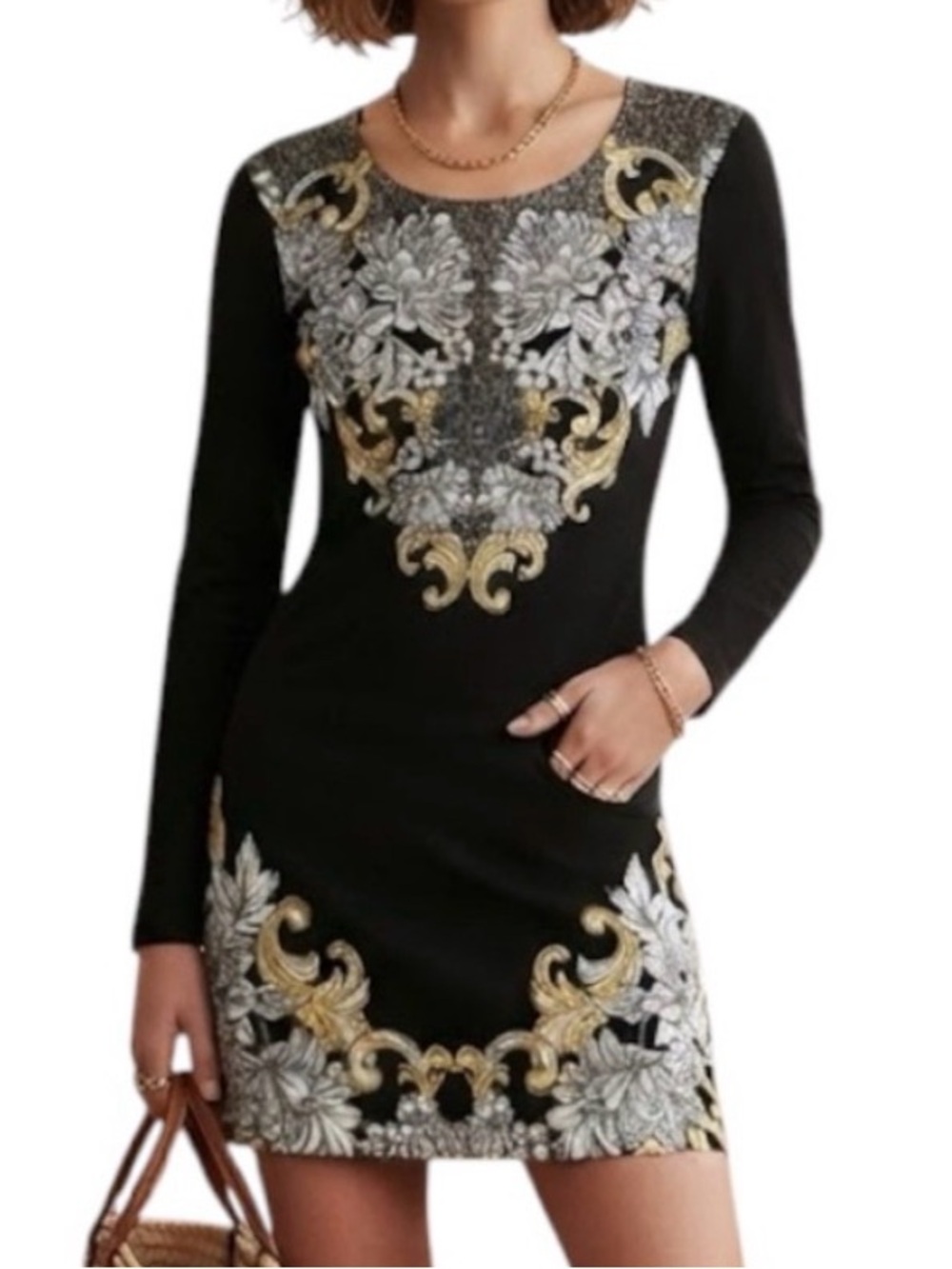 JOCKEY Black Paisley Scroll Print Cinch Waist Long Sleeve Tunic Top Womens XXS